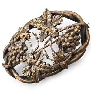 Antique Victorian Grapevine Brooch Brass Repoussé C Clasp Grape Leaf Pin c. 1900